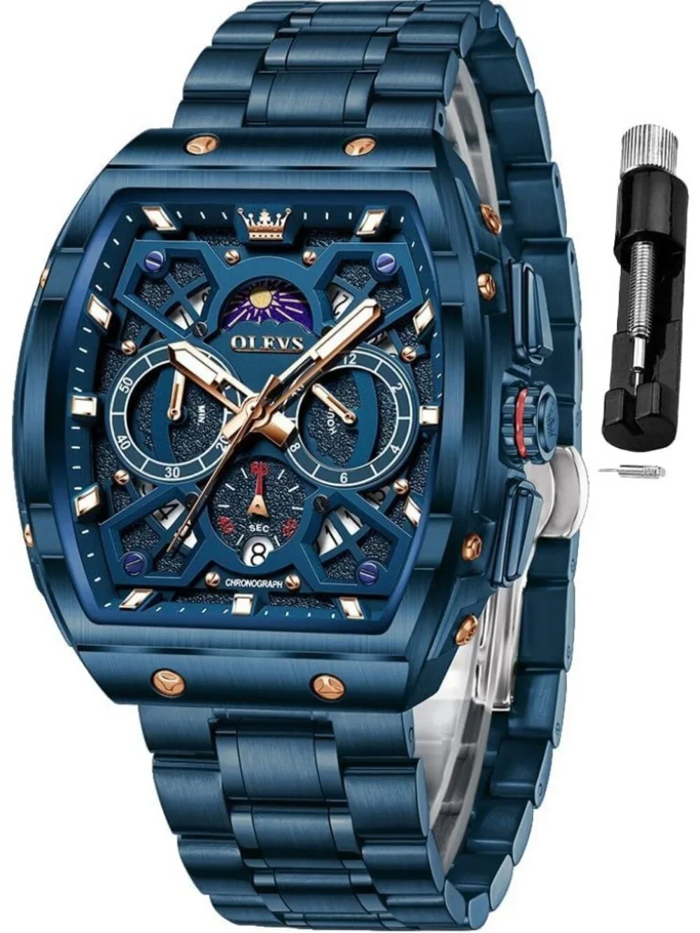 Men's Blue Chronograph Big Square Analog Stainless Steel Date Wrist Watch